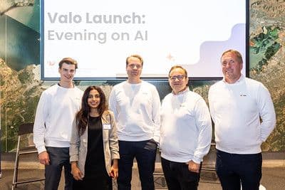 From right to left: Valo.ai Co-Founders Jari Salomaa, Mika Ståhlberg, and Hannu Varjorantaat the San Francisco launch with team Fatiqa Nadeem and Antti Norrkniivilä